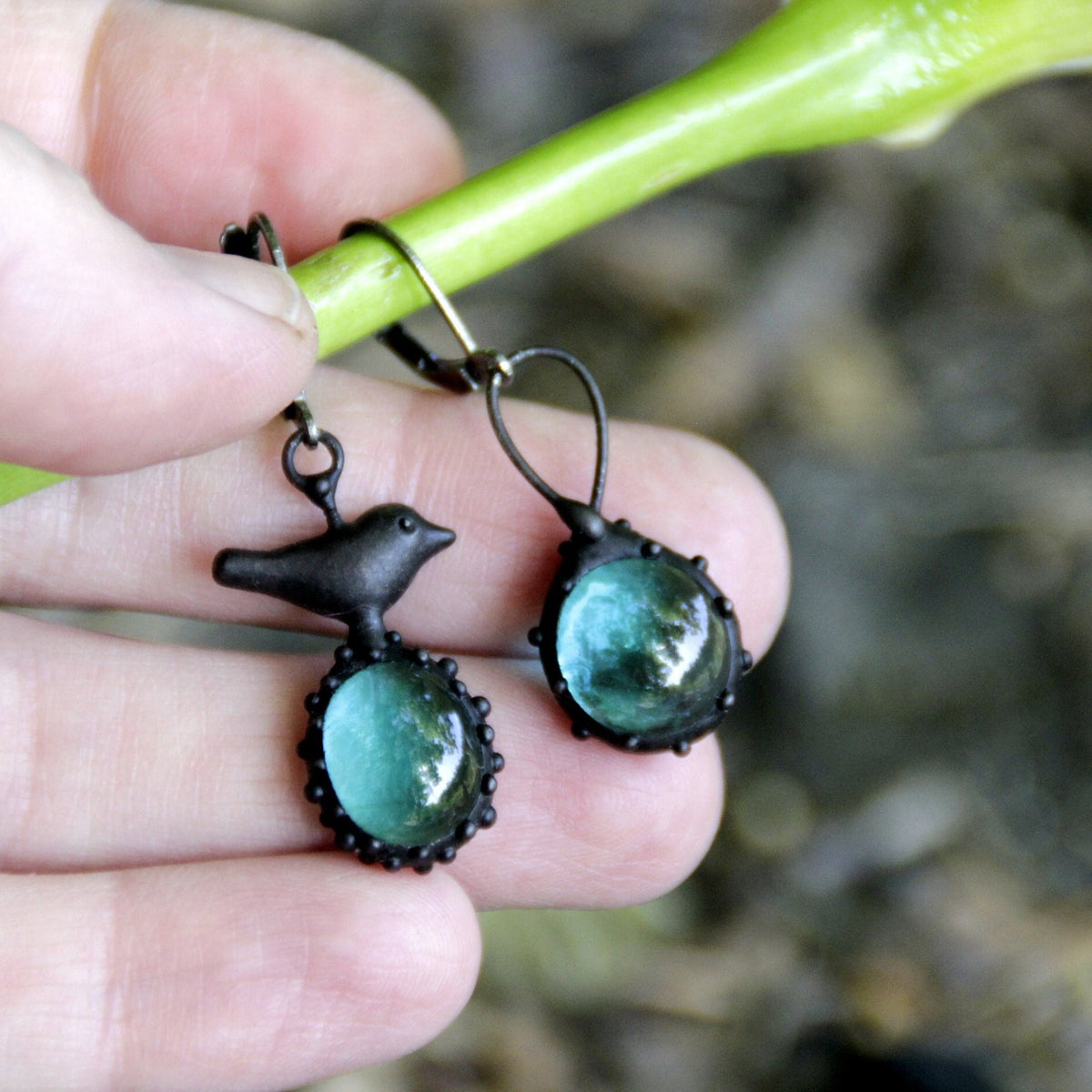Teal Blue Glass Asymmetrical Bird Earrings – Blackened Copper