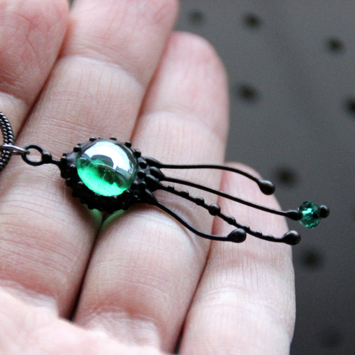 Green Glass Jellyfish Pendant – Blackened Copper