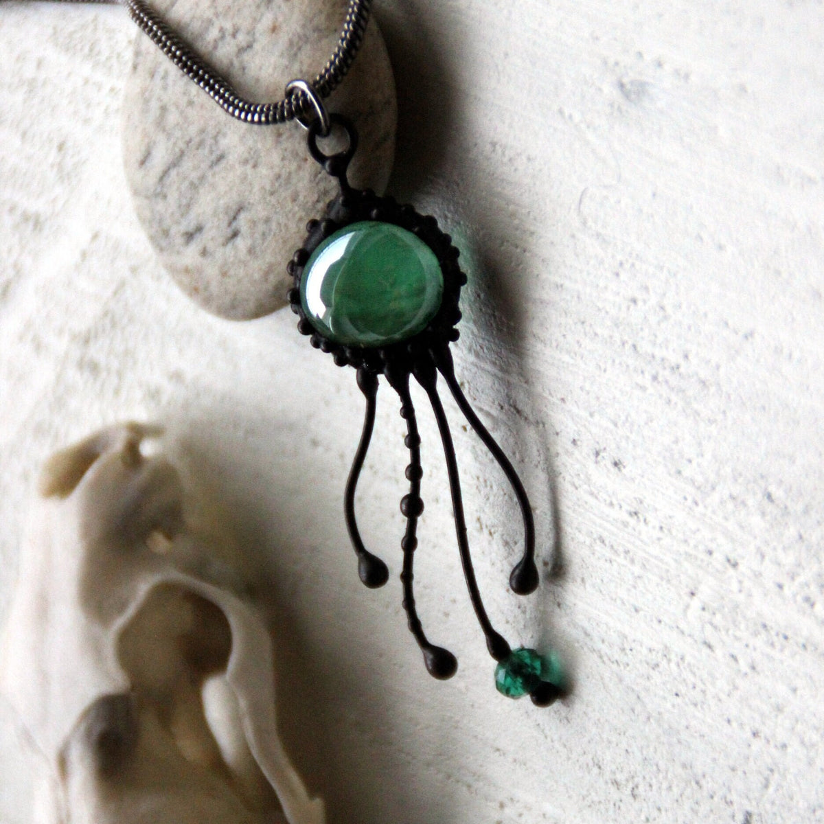Green Glass Jellyfish Pendant – Blackened Copper
