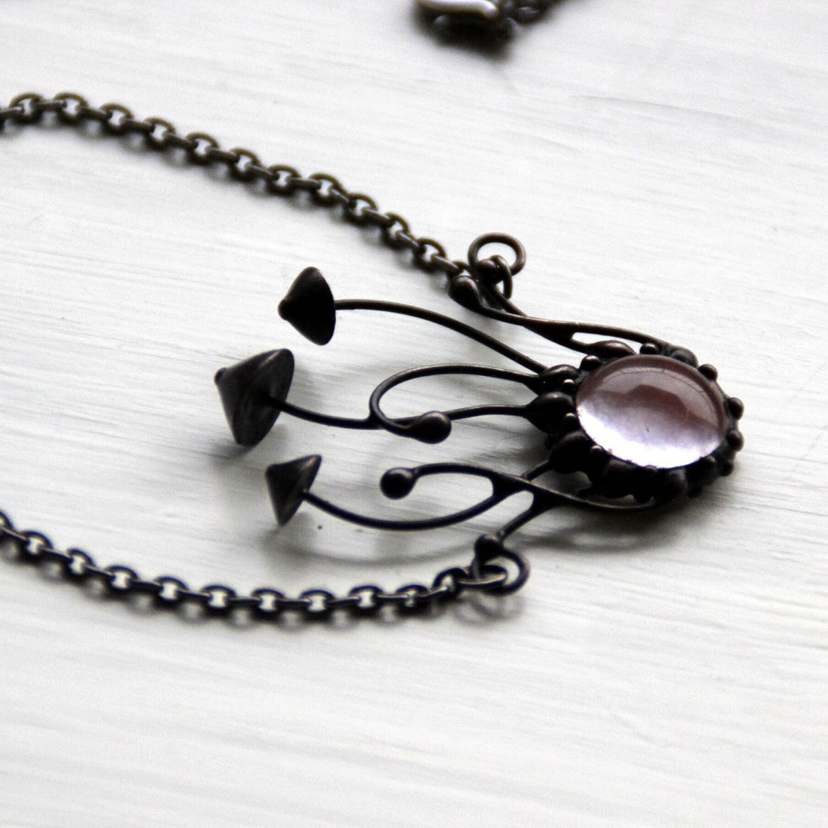 Watermelon Quartz Mushroom Necklace – Blackened Copper