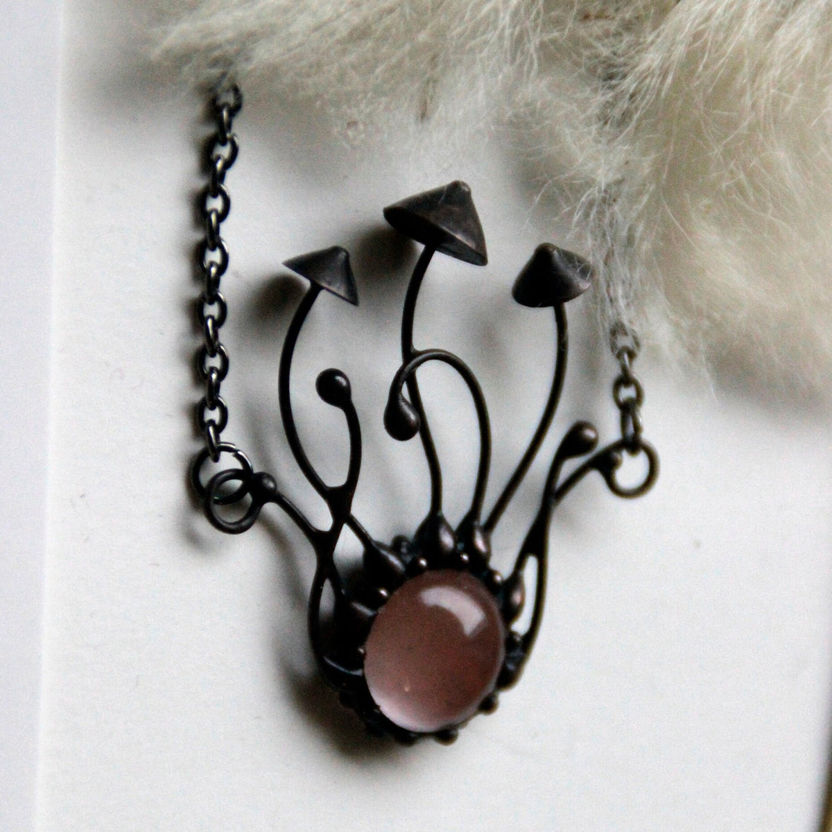 Watermelon Quartz Mushroom Necklace – Blackened Copper