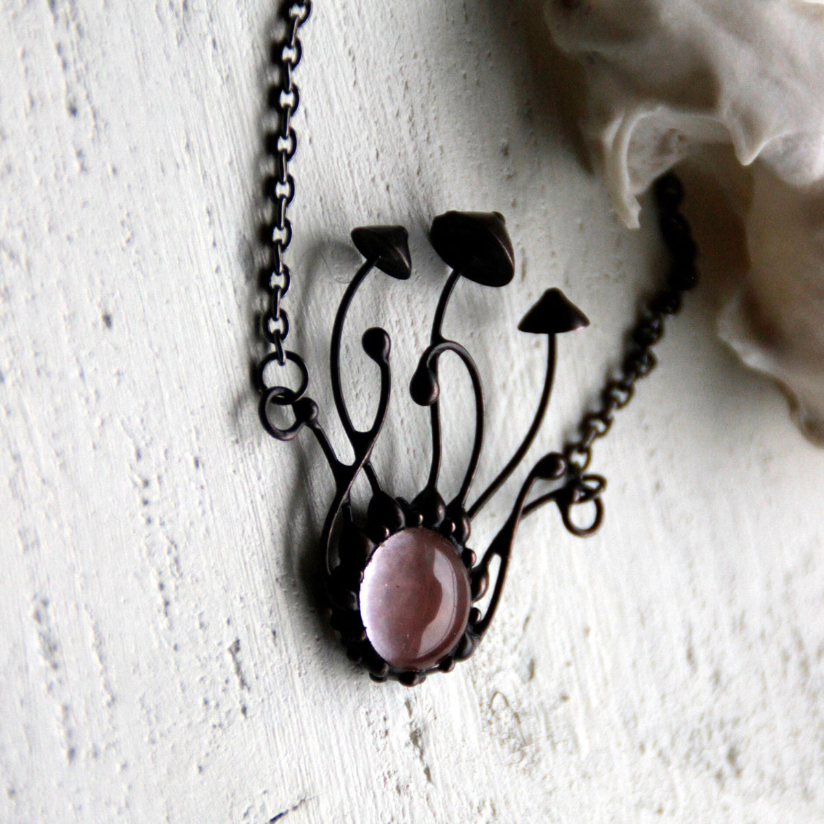 Watermelon Quartz Mushroom Necklace – Blackened Copper