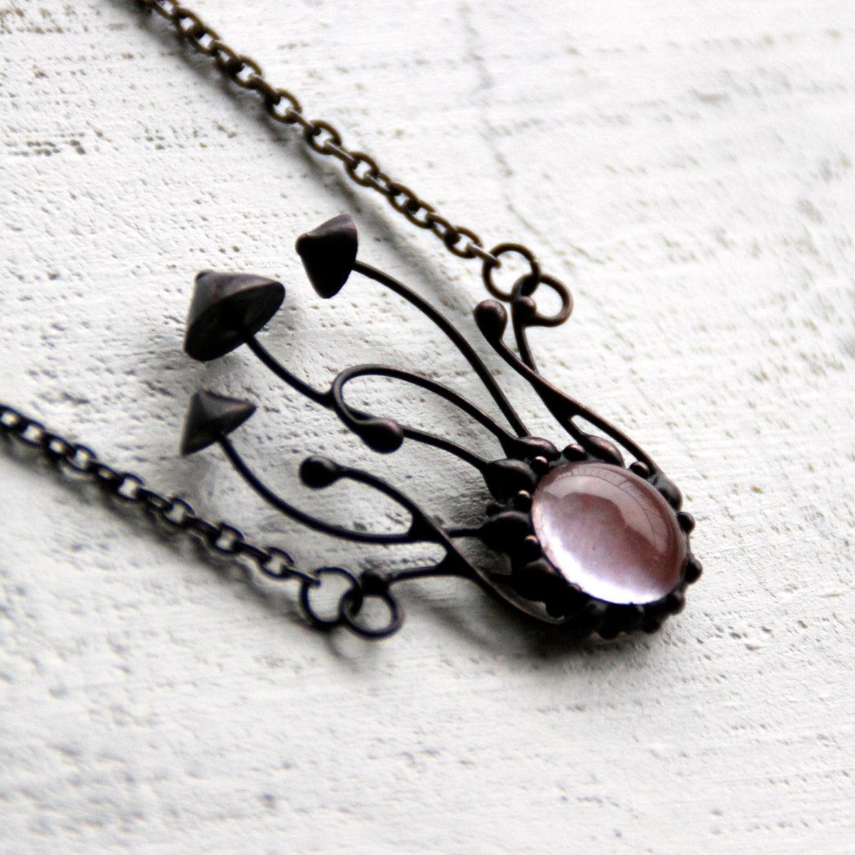 Watermelon Quartz Mushroom Necklace – Blackened Copper