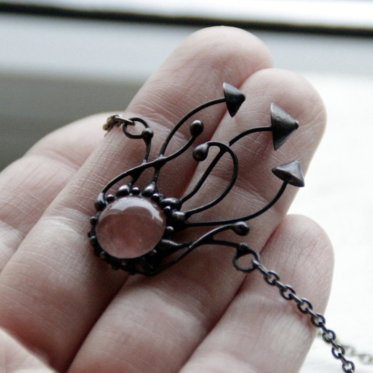 Watermelon Quartz Mushroom Necklace – Blackened Copper