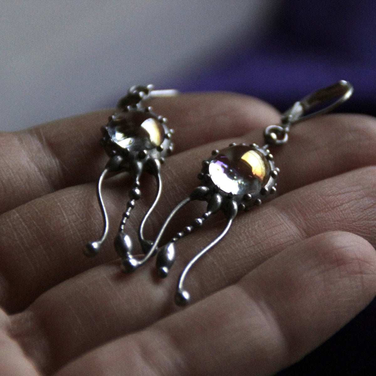Three-Tentacle Clear Glass Jellyfish Earrings – Silver Tone