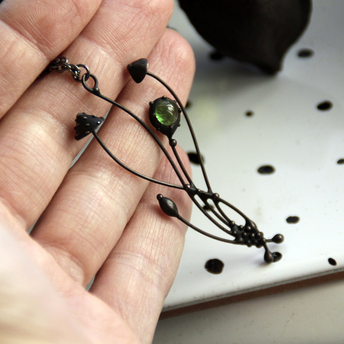 Green Stained Glass Mushroom Necklace – Blackened Copper