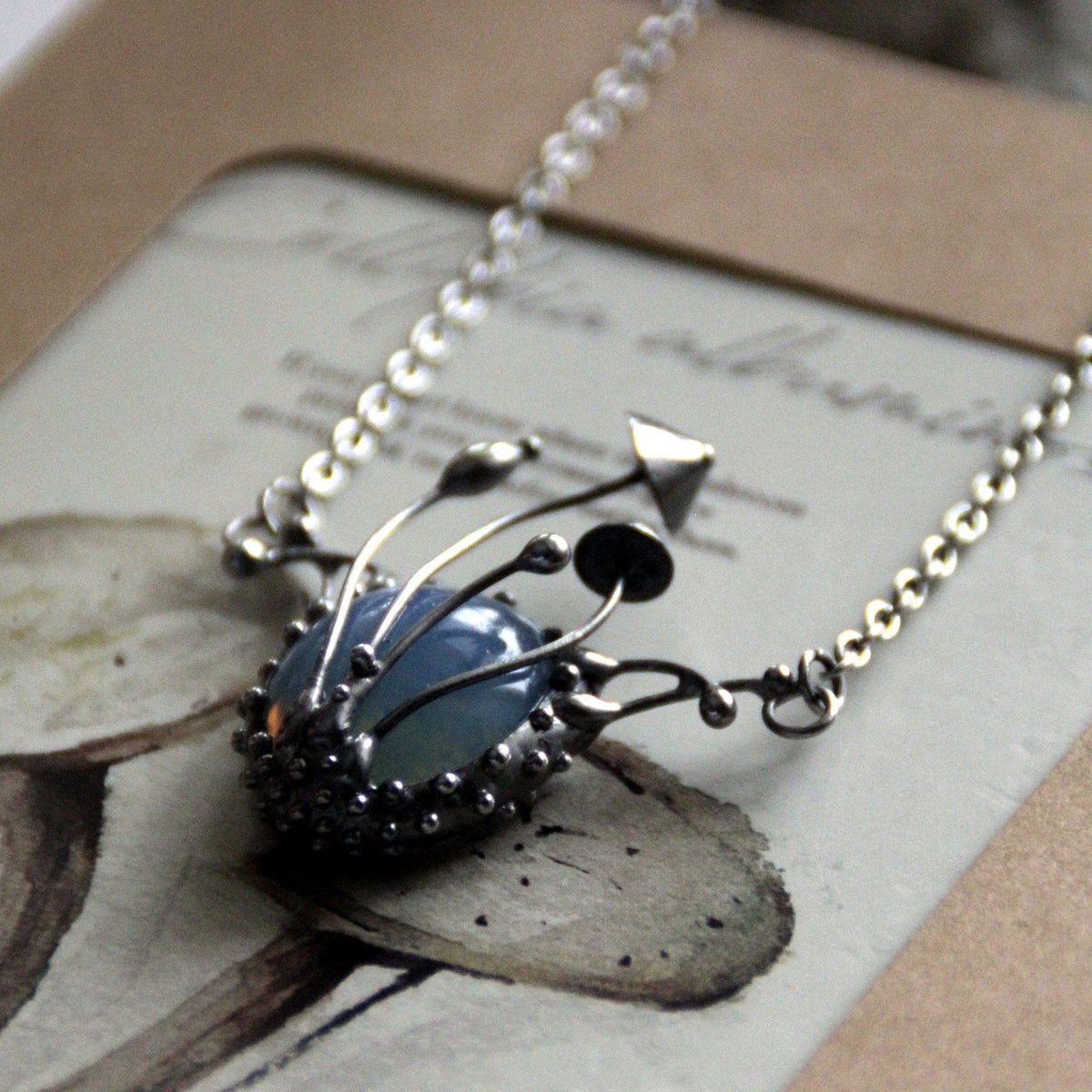 Oval Blue Glass Mushroom Pendant – Silver Tone