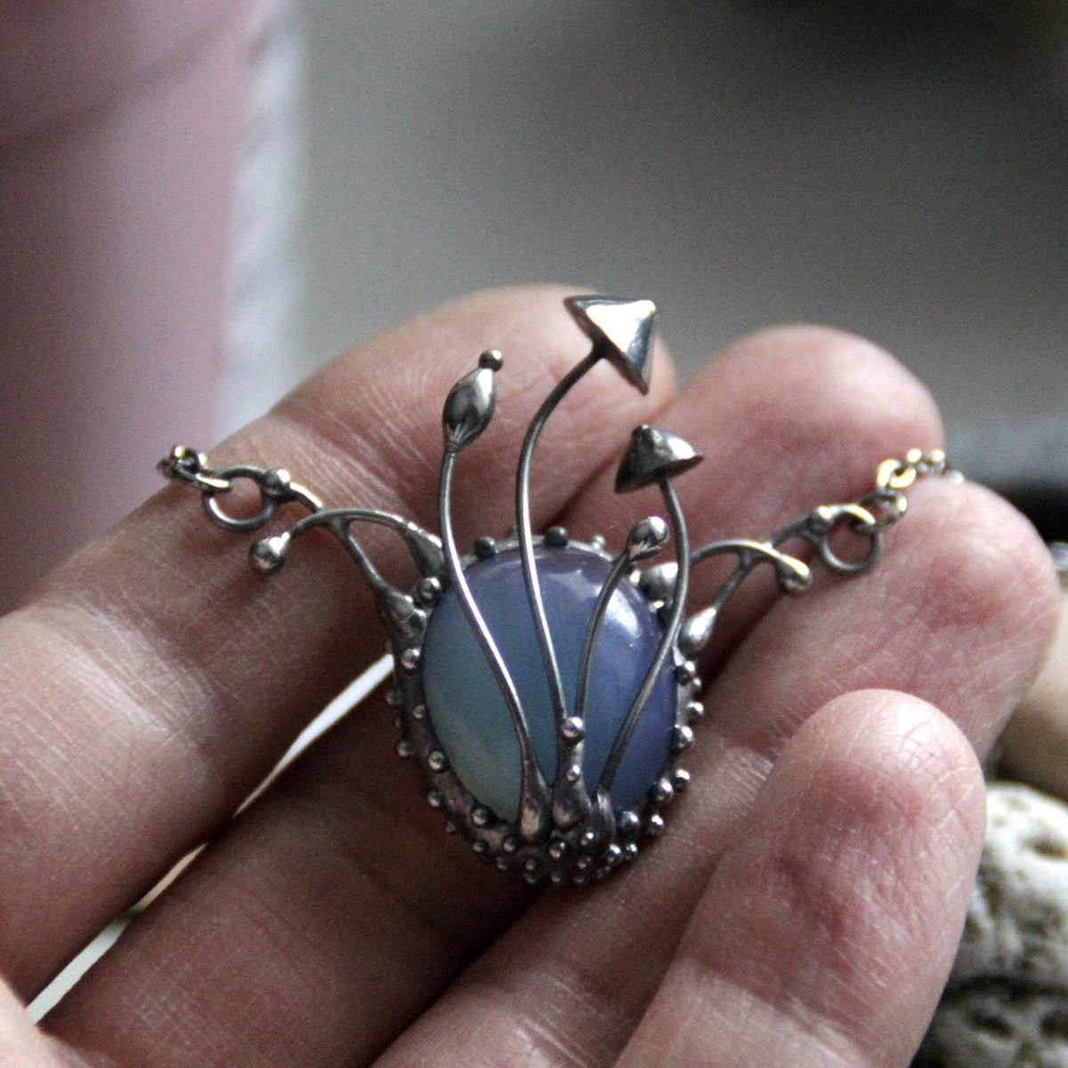 Oval Blue Glass Mushroom Pendant – Silver Tone