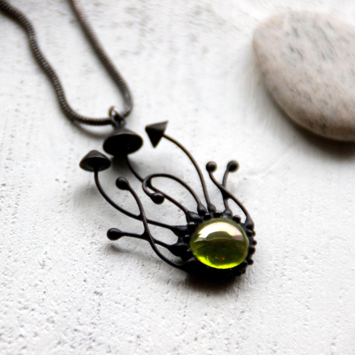 Green Stained Glass Mushroom Trio Necklace – Blackened Copper