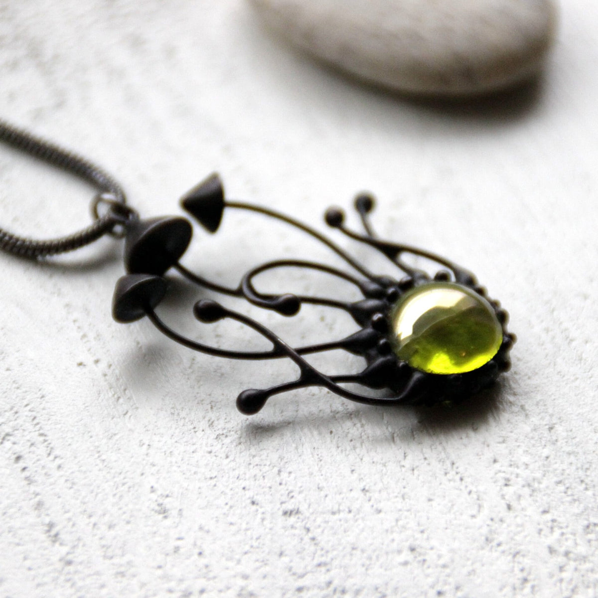 Green Stained Glass Mushroom Trio Necklace – Blackened Copper