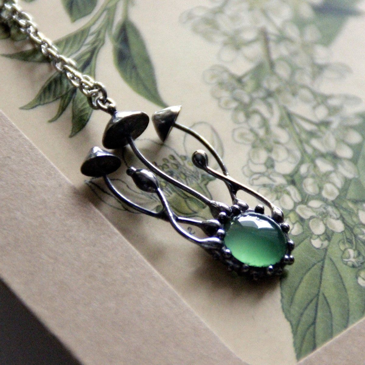 Green Stained Glass Mushroom Cluster Necklace – Silver Tone