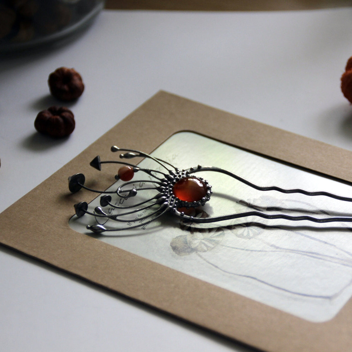 Brown Agate Mushroom Hair Pin – Silver Tone