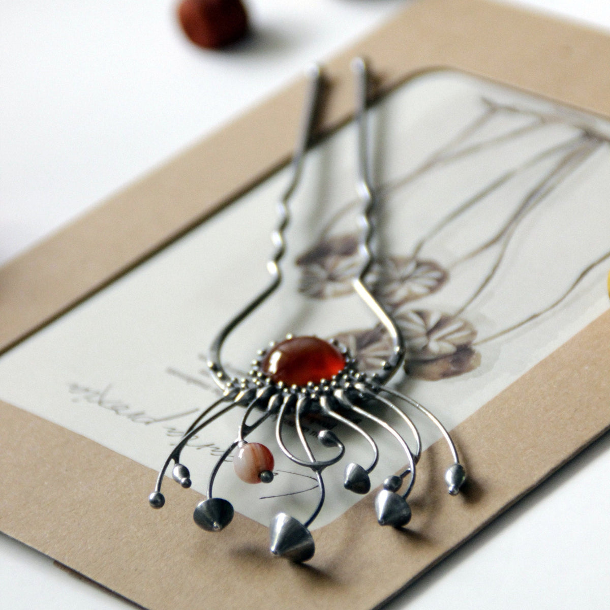 Brown Agate Mushroom Hair Pin – Silver Tone