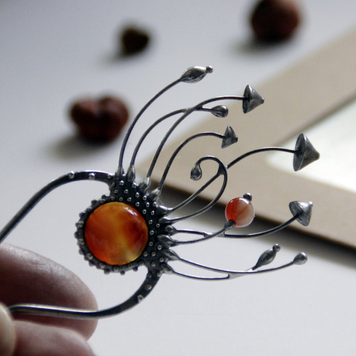 Brown Agate Mushroom Hair Pin – Silver Tone
