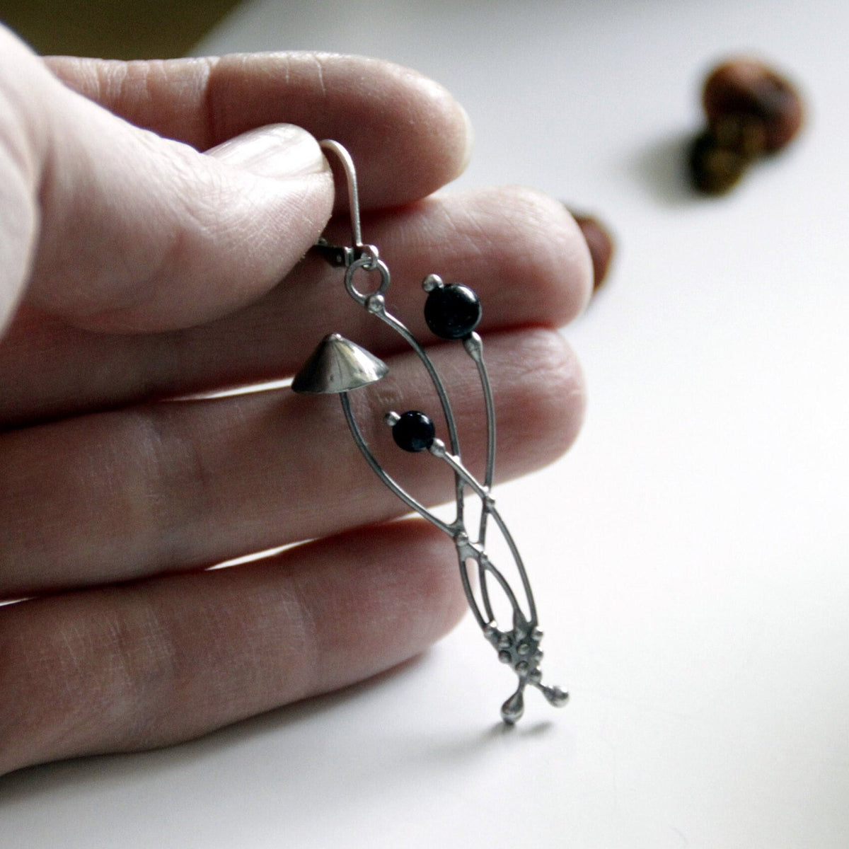 Black Aventurine Mushroom Single Earring – Silver Tone