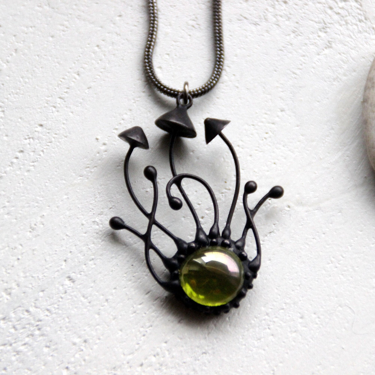 Green Stained Glass Mushroom Trio Necklace – Blackened Copper