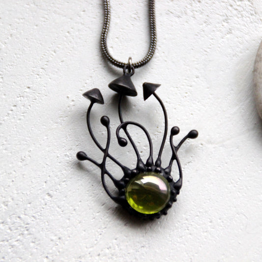 Green Stained Glass Mushroom Trio Necklace – Blackened Copper