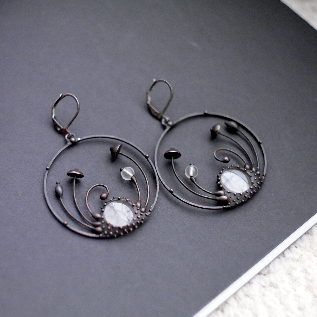 Clear Glass Mushroom Hoop Earrings – Blackened Copper & Pewter Forest – Botanical
