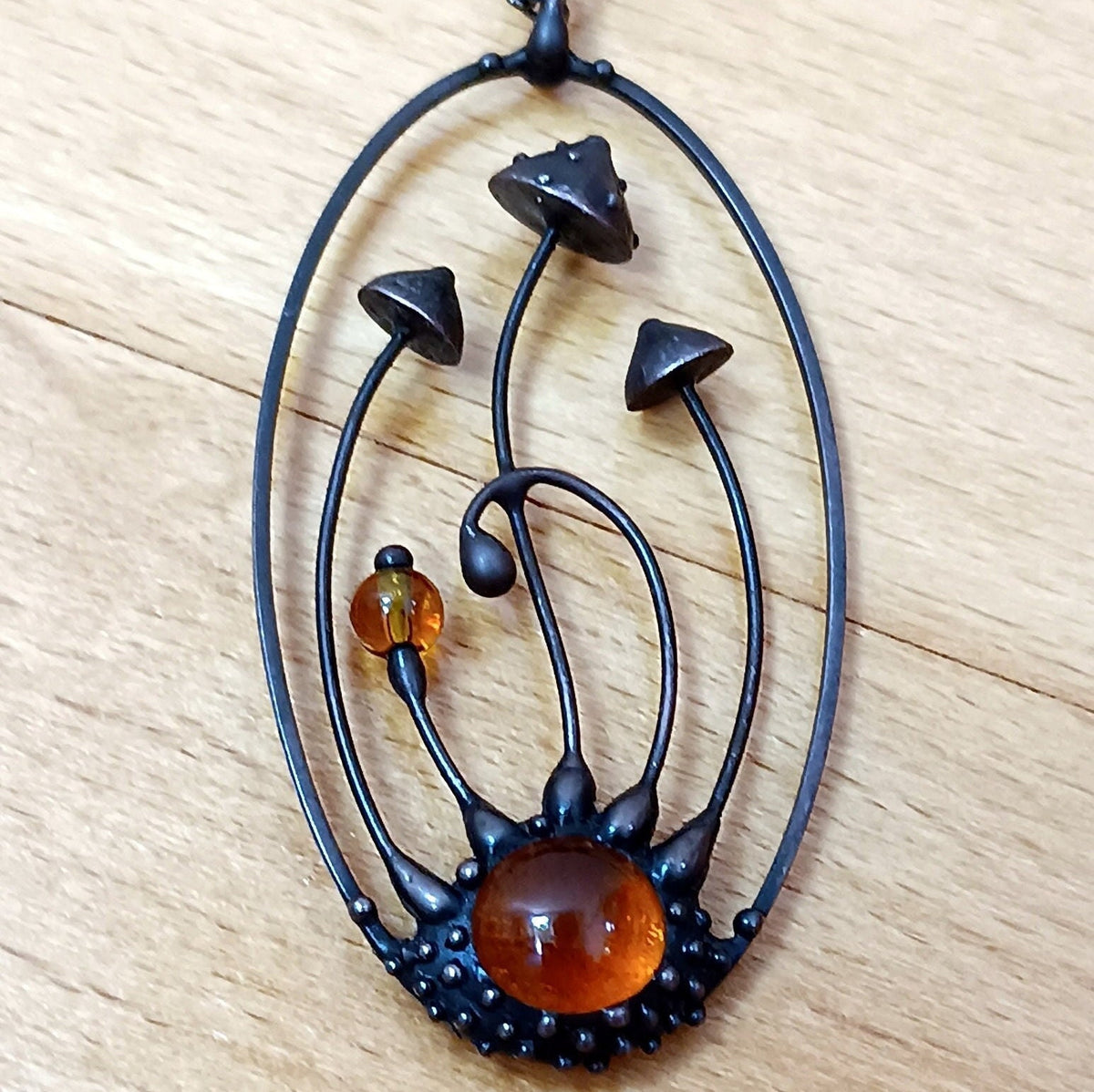 Amanita Mushroom Necklace – Red Orange Glass Pendant – Blackened Copper Oval Forest