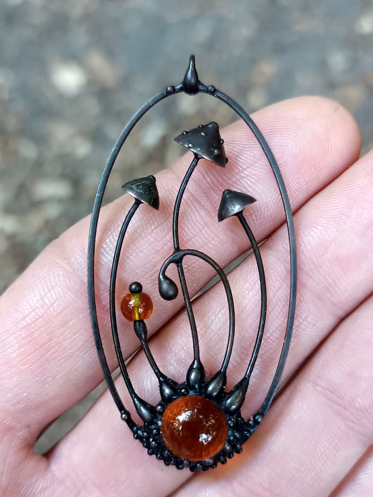 Amanita Mushroom Necklace – Red Orange Glass Pendant – Blackened Copper Oval Forest