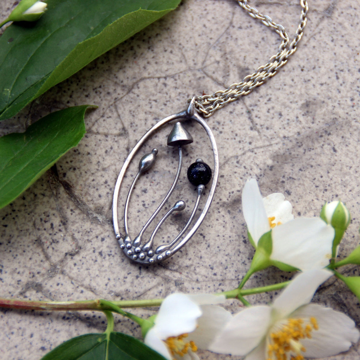 Blue Aventurine Mushroom Necklace – Silver Tone