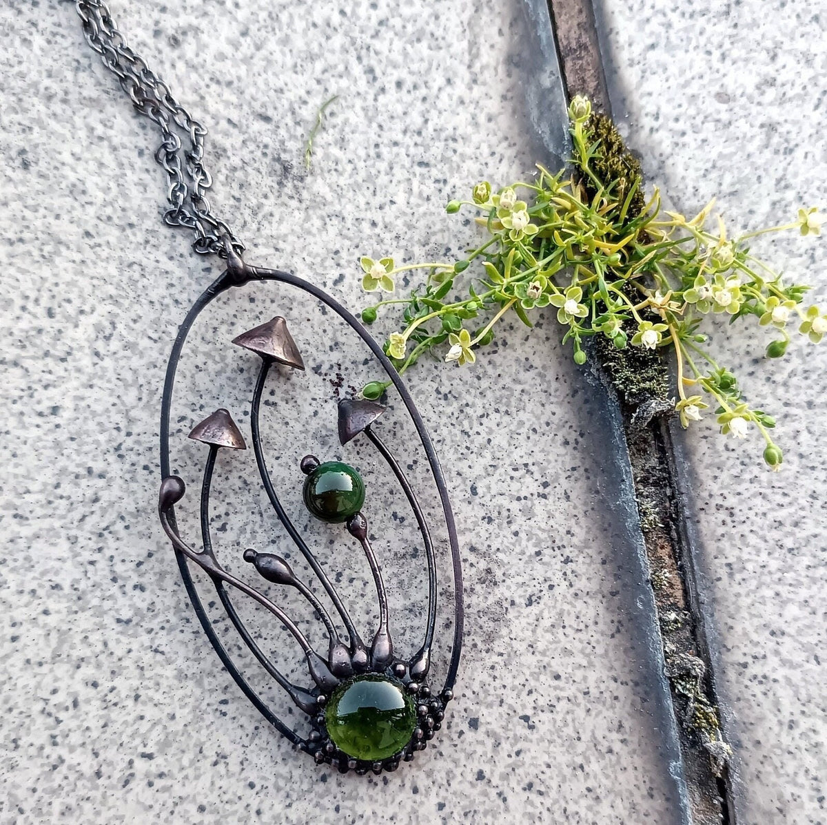 Green Glass Mushroom Necklace – Blackened Copper Oval Forest Pendant – Psychedelic Botanical