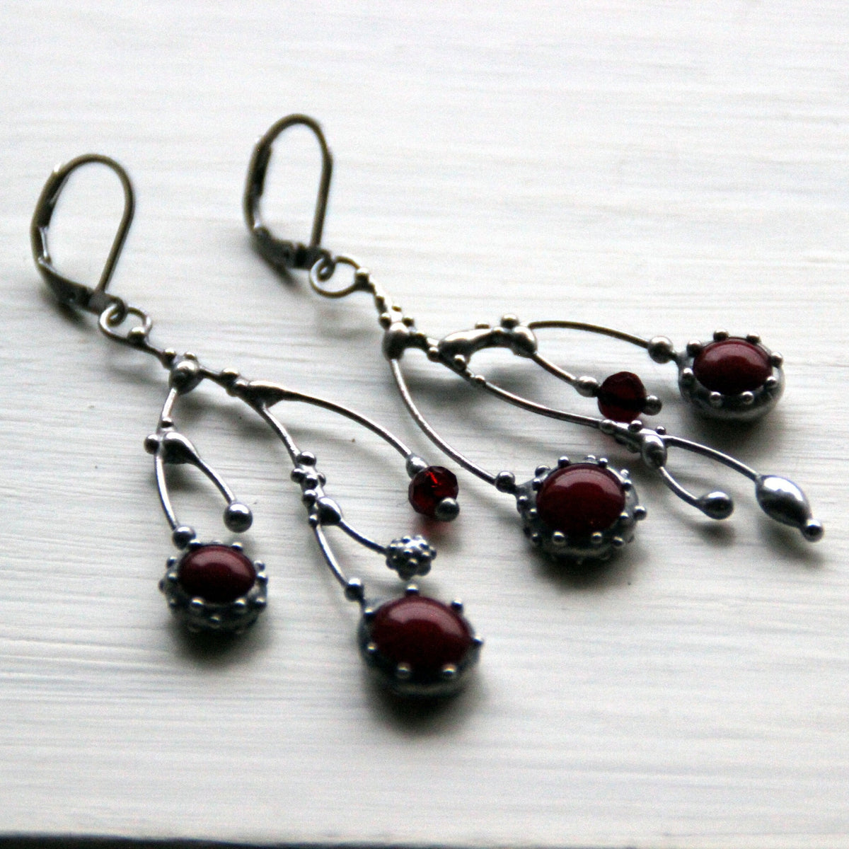 Deep Red Glass Branch Earrings – Silver Tone
