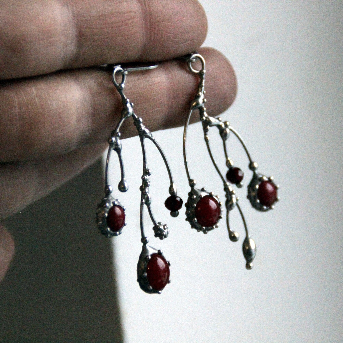 Deep Red Glass Branch Earrings – Silver Tone