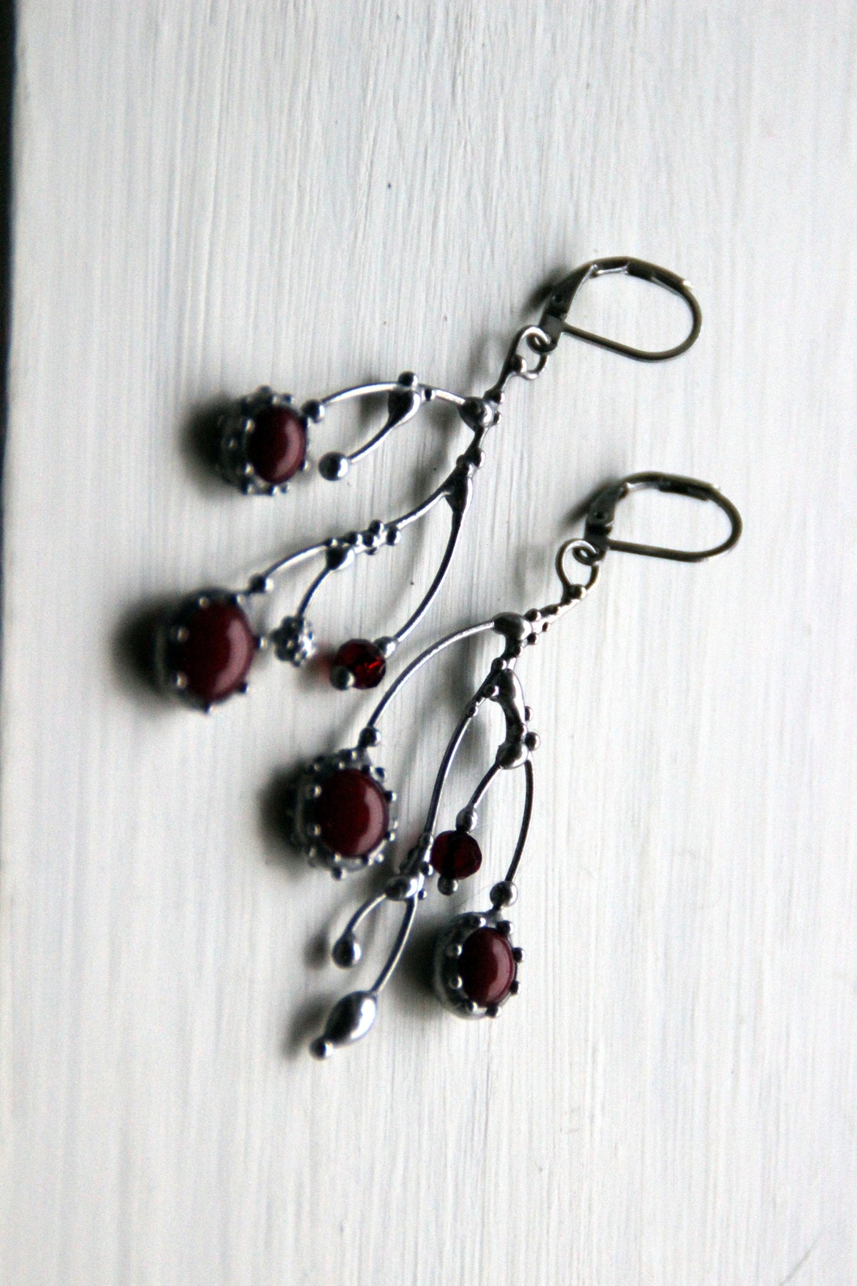Deep Red Glass Branch Earrings – Silver Tone