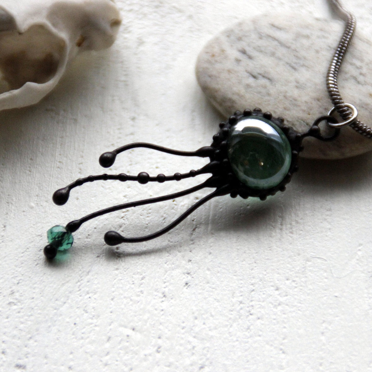 Green Glass Jellyfish Pendant – Blackened Copper