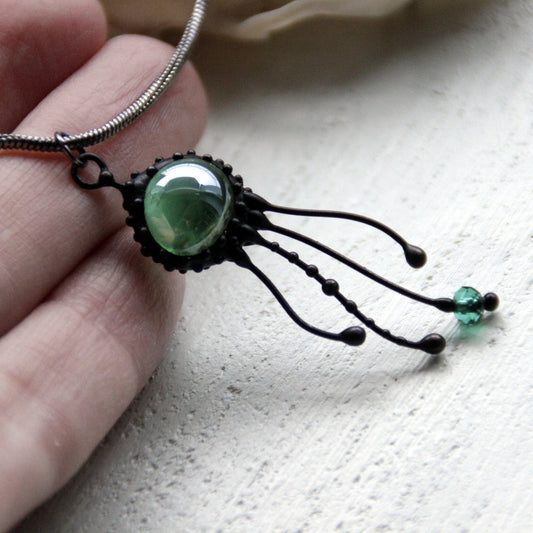 Green Glass Jellyfish Pendant – Blackened Copper