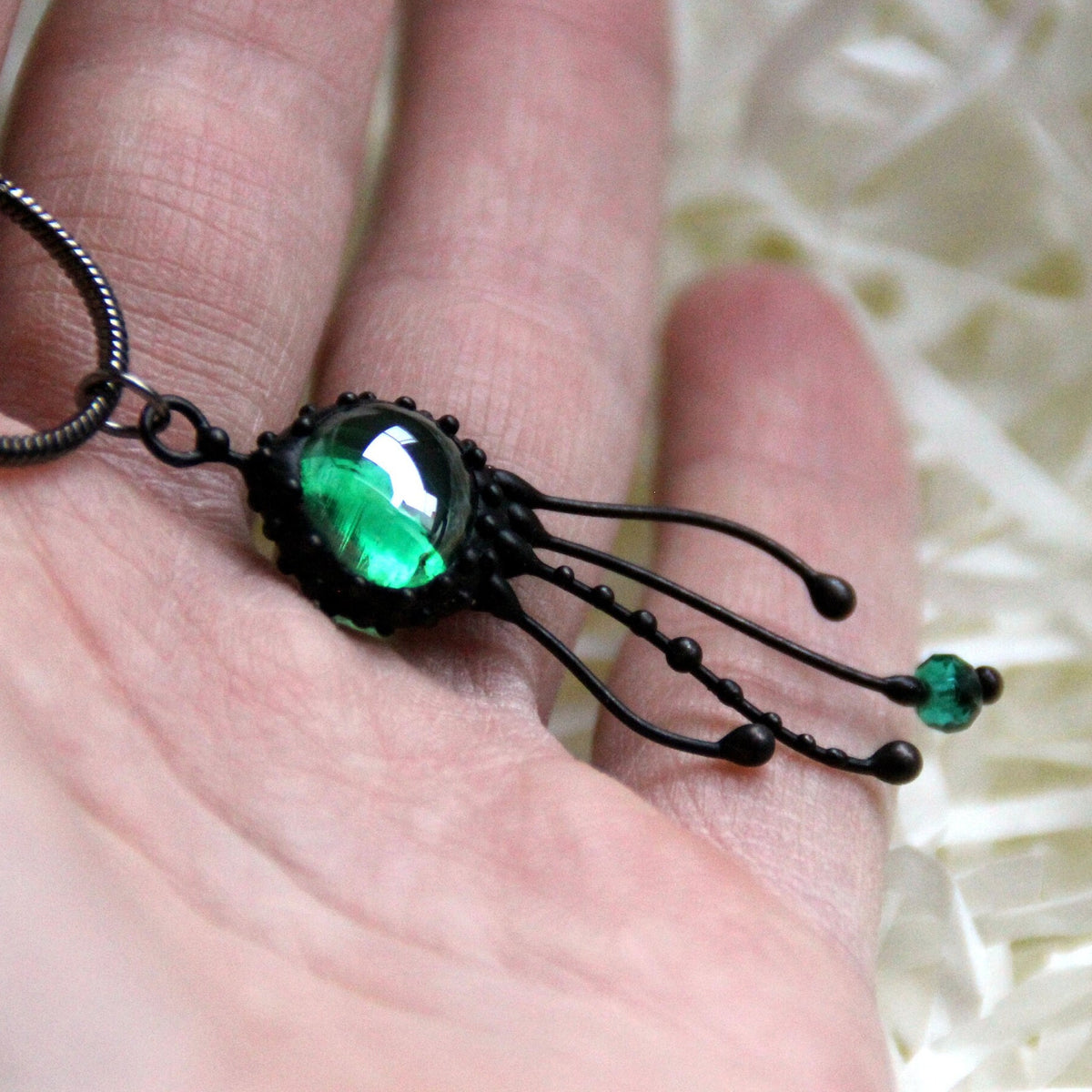 Green Glass Jellyfish Pendant – Blackened Copper