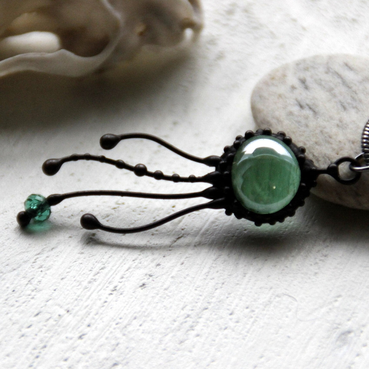 Green Glass Jellyfish Pendant – Blackened Copper