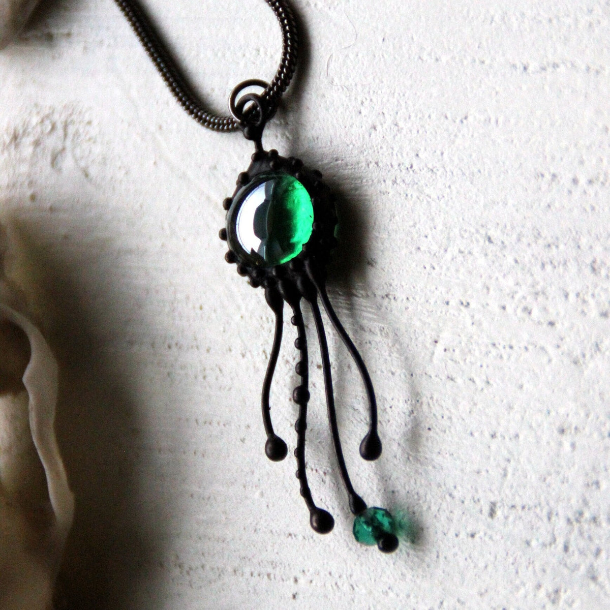 Green Glass Jellyfish Pendant – Blackened Copper