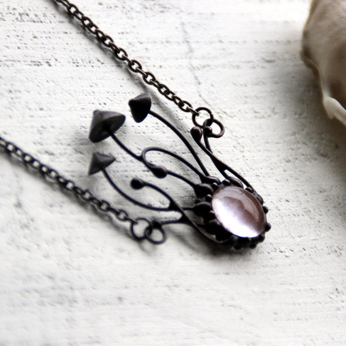 Watermelon Quartz Mushroom Necklace – Blackened Copper