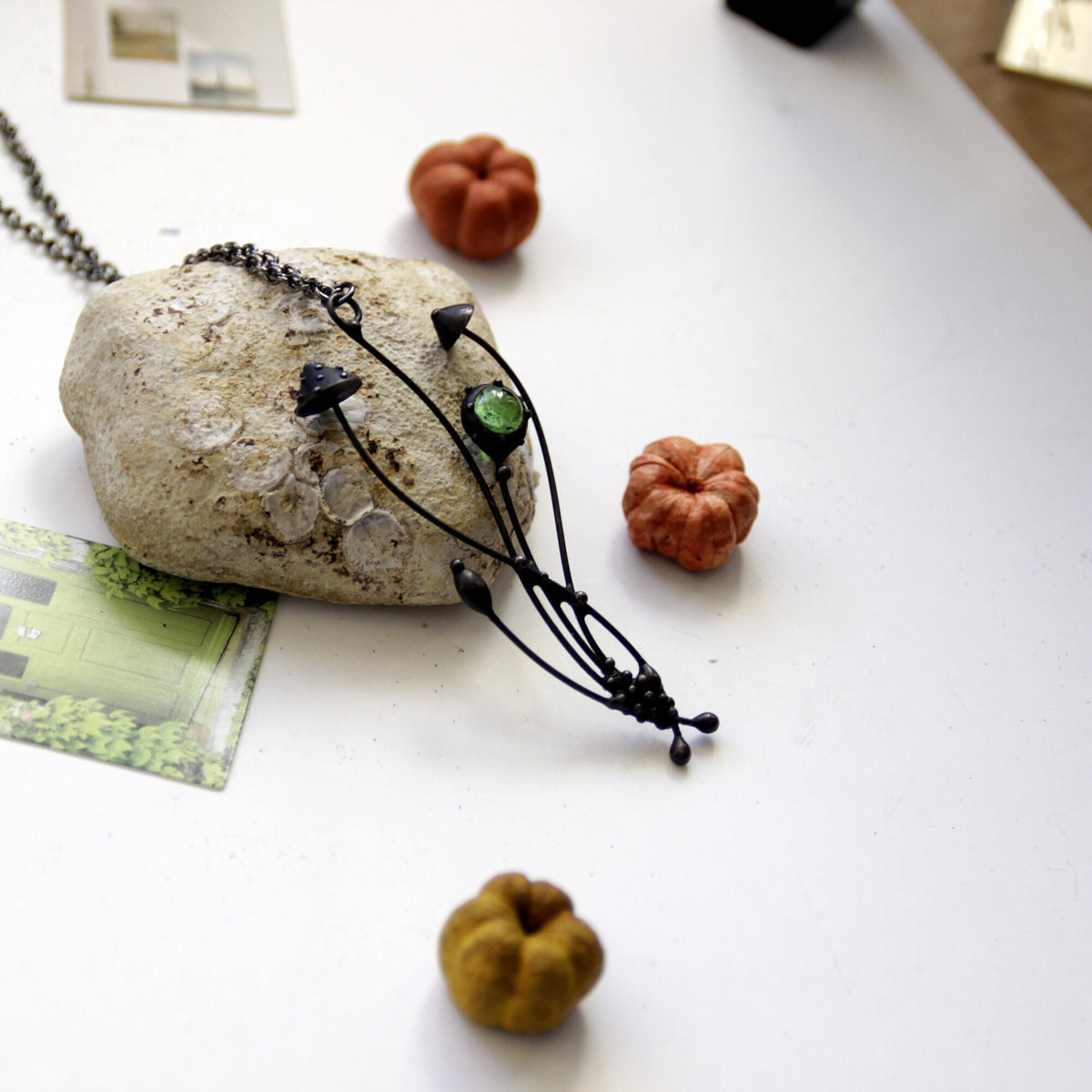 Green Stained Glass Mushroom Necklace – Blackened Copper