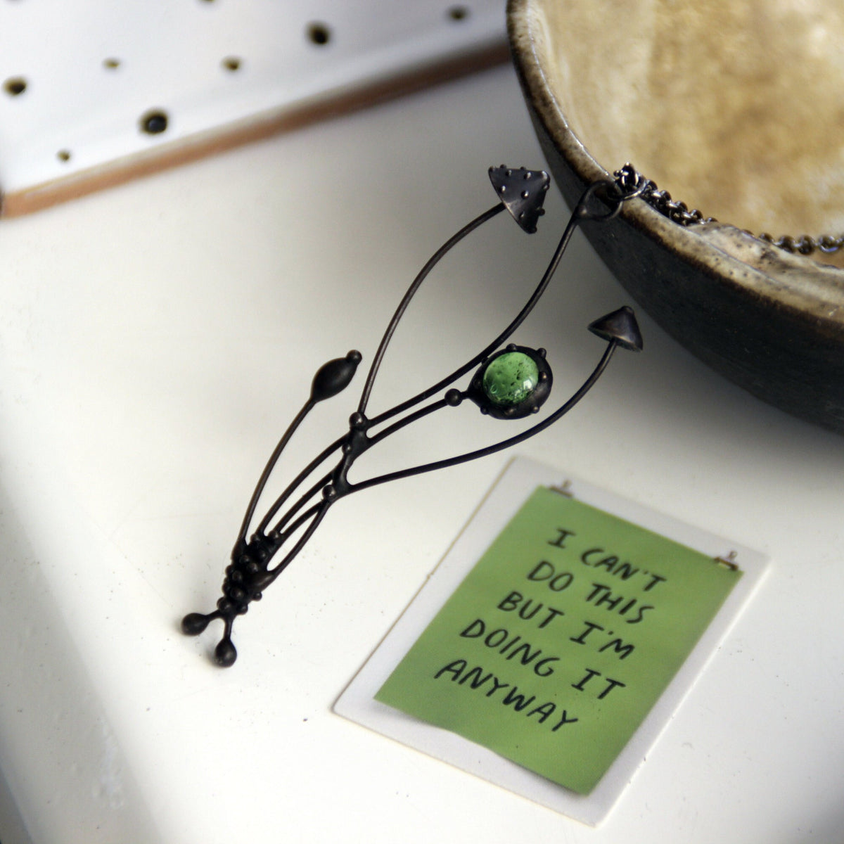 Green Stained Glass Mushroom Necklace – Blackened Copper