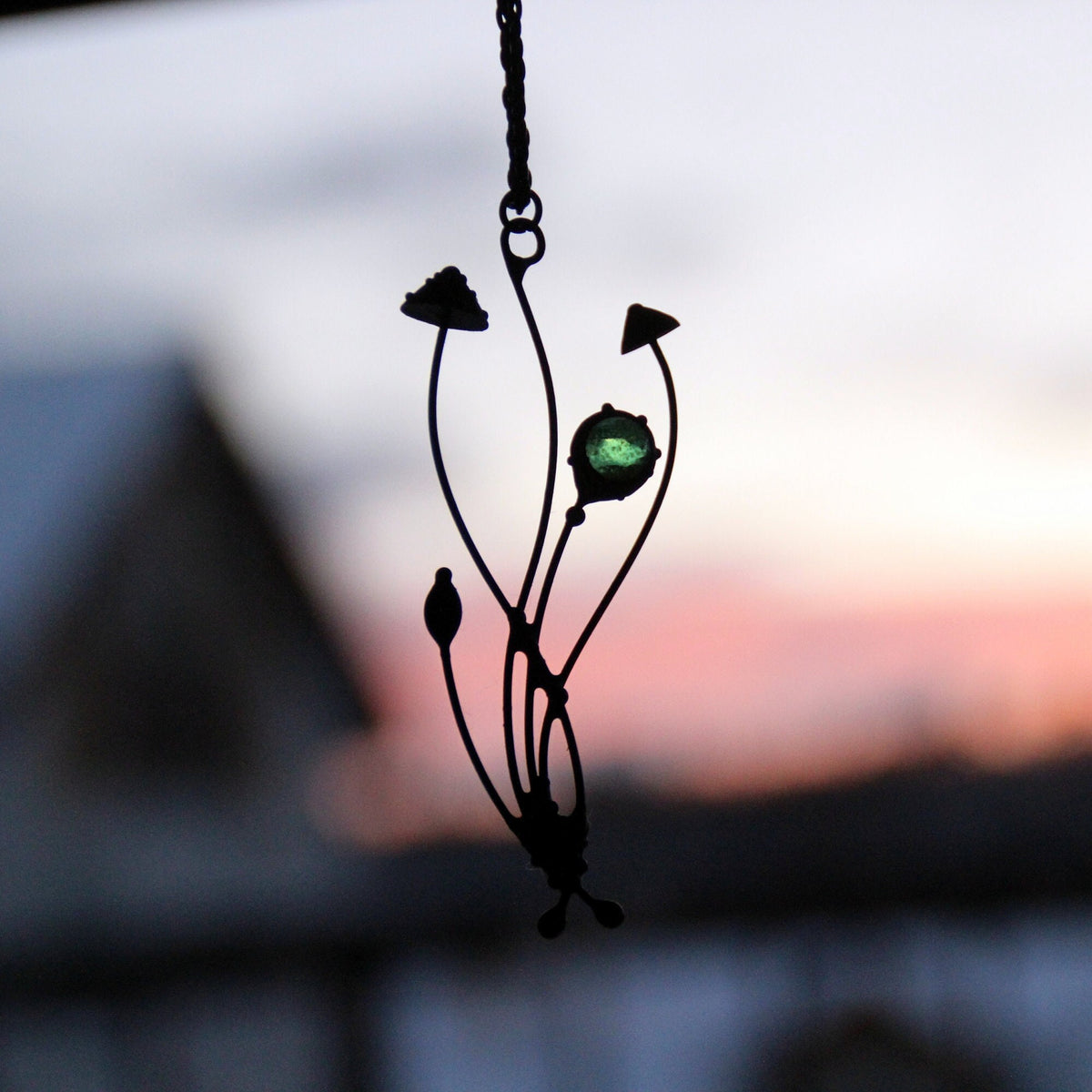Green Stained Glass Mushroom Necklace – Blackened Copper