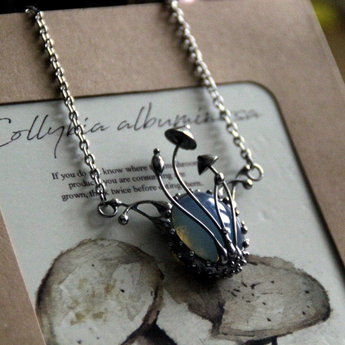 Oval Blue Glass Mushroom Pendant – Silver Tone