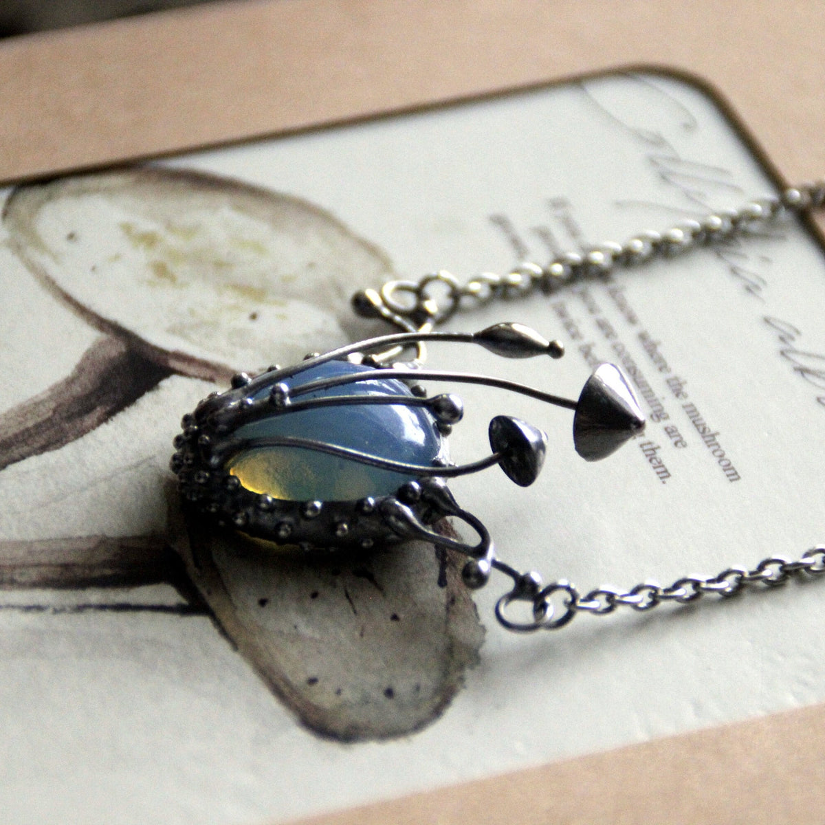 Oval Blue Glass Mushroom Pendant – Silver Tone