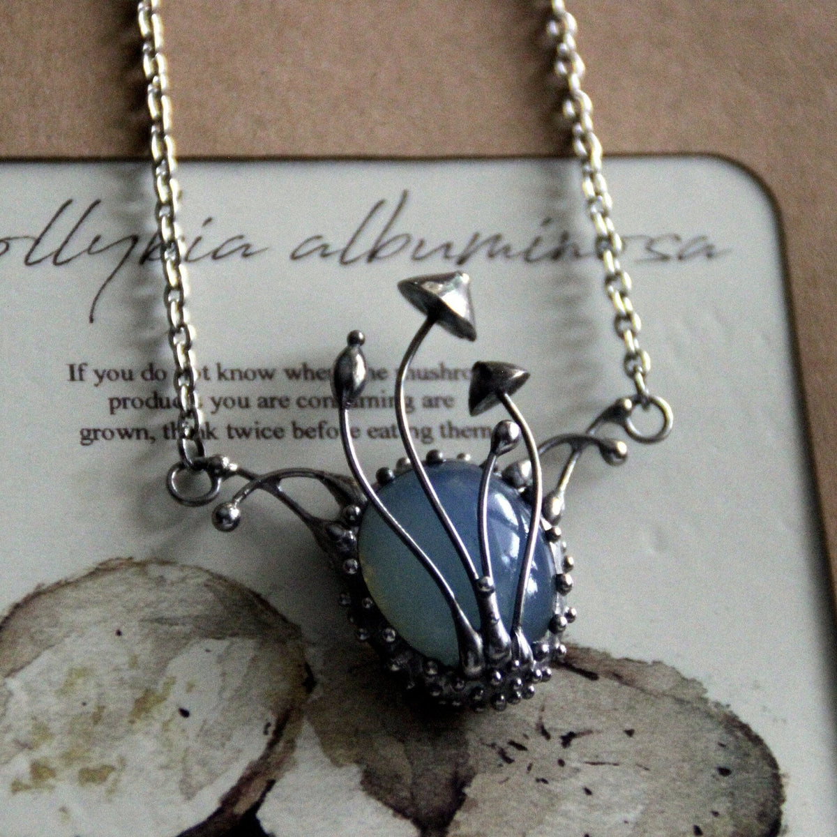 Oval Blue Glass Mushroom Pendant – Silver Tone