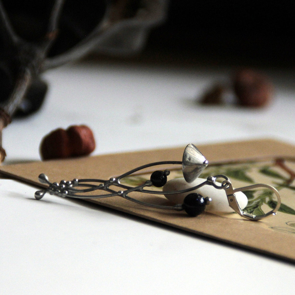Black Aventurine Mushroom Single Earring – Silver Tone