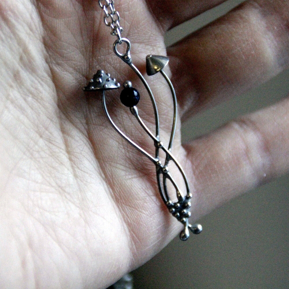 Black Aventurine Amanita Mushroom Necklace – Silver Tone