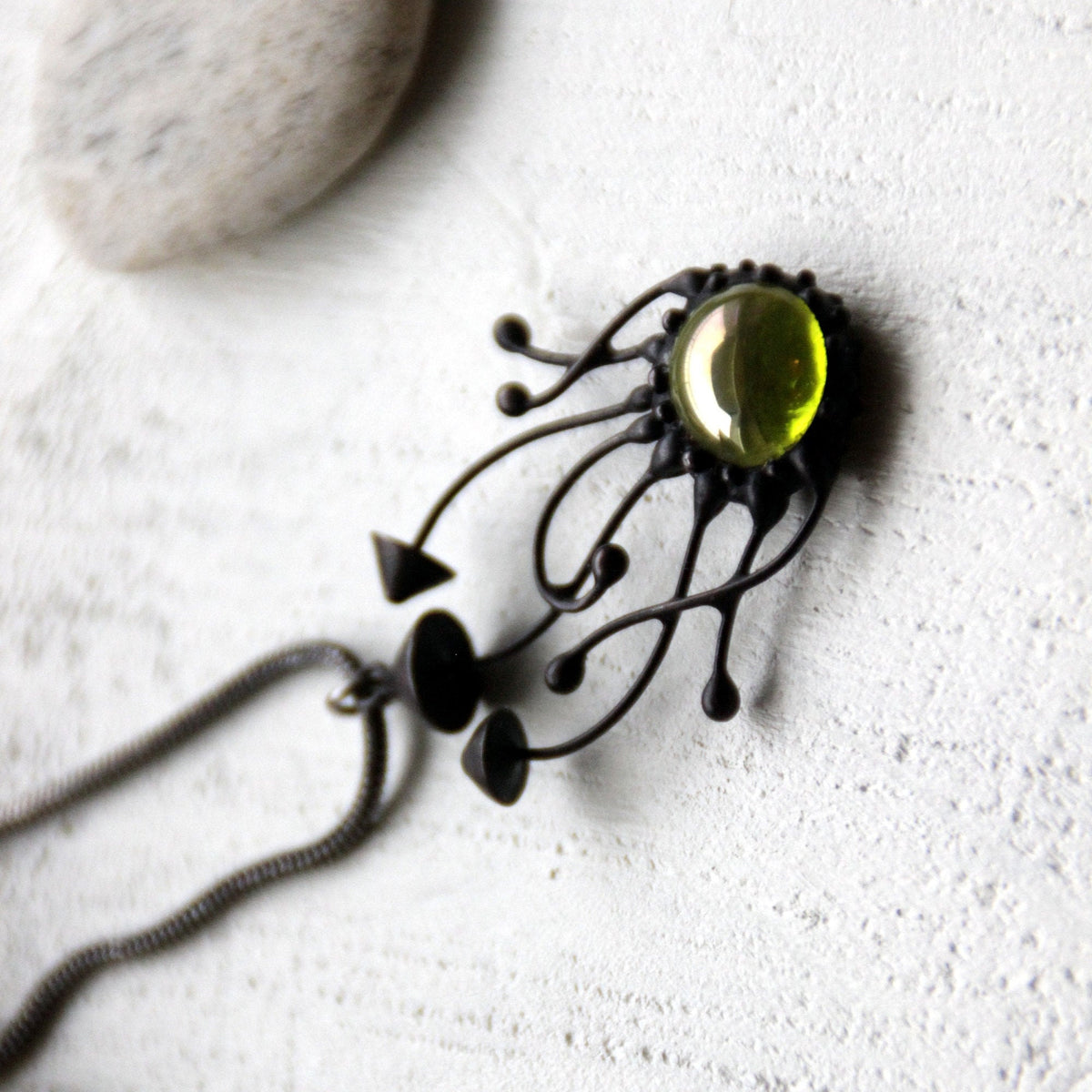 Green Stained Glass Mushroom Trio Necklace – Blackened Copper