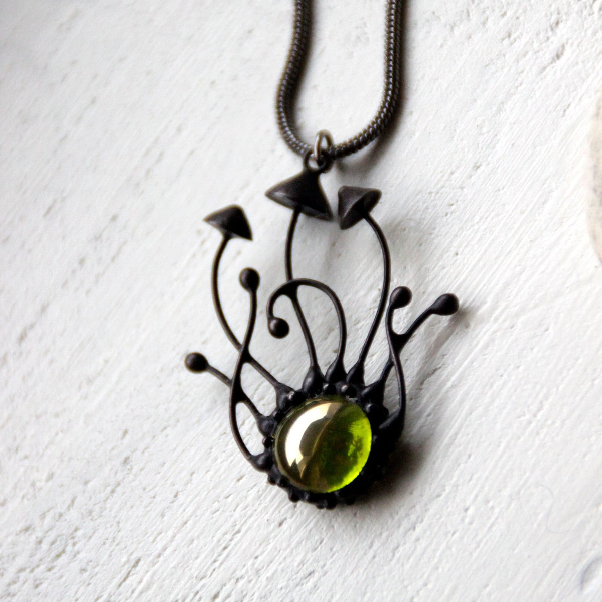 Green Stained Glass Mushroom Trio Necklace – Blackened Copper