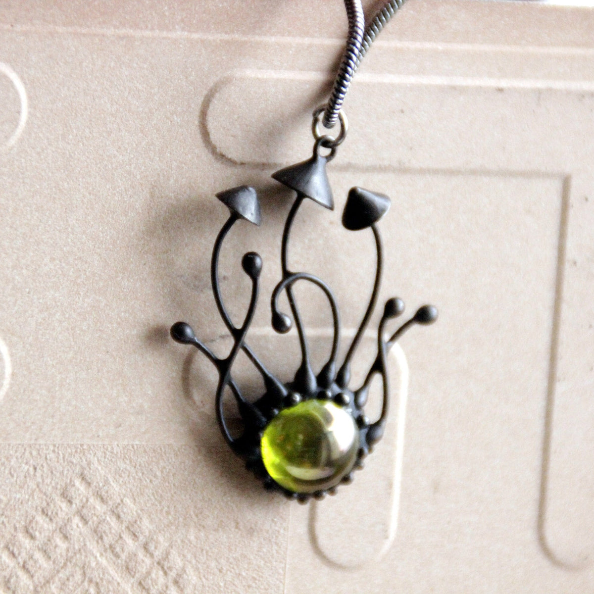 Green Stained Glass Mushroom Trio Necklace – Blackened Copper