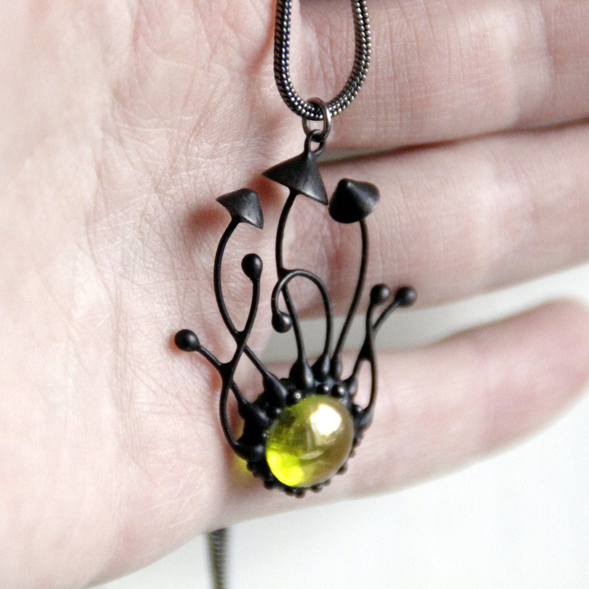 Green Stained Glass Mushroom Trio Necklace – Blackened Copper