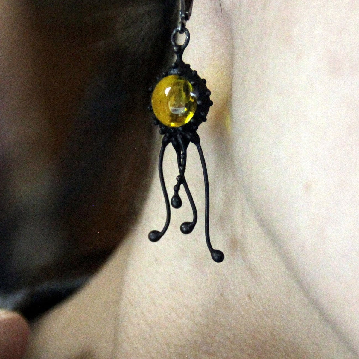Yellow Glass Jellyfish Single Earring – Blackened Copper