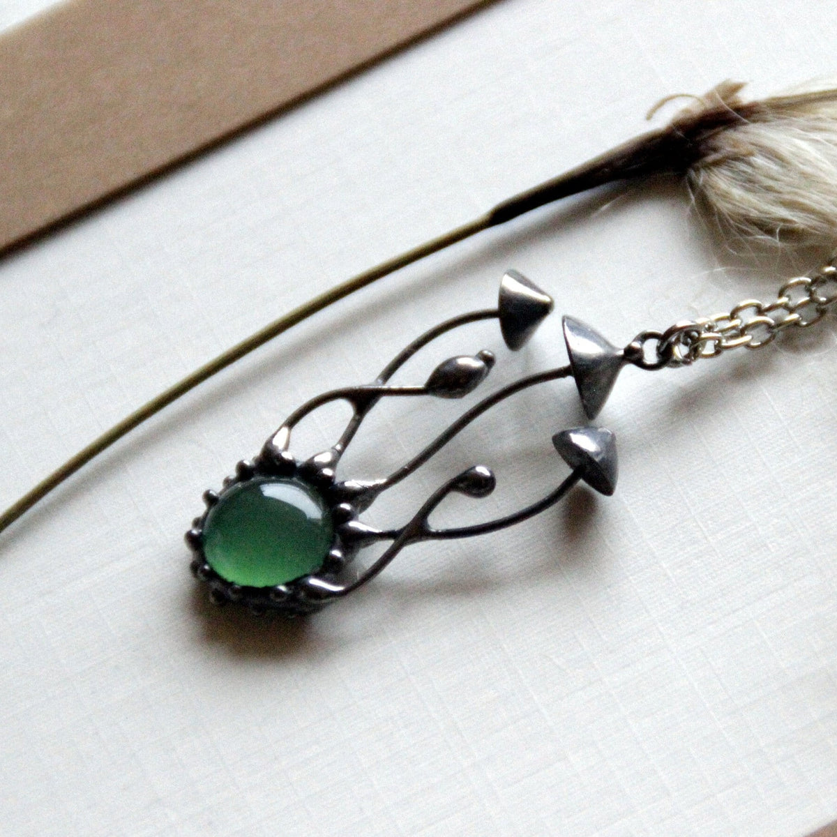 Green Stained Glass Mushroom Cluster Necklace – Silver Tone