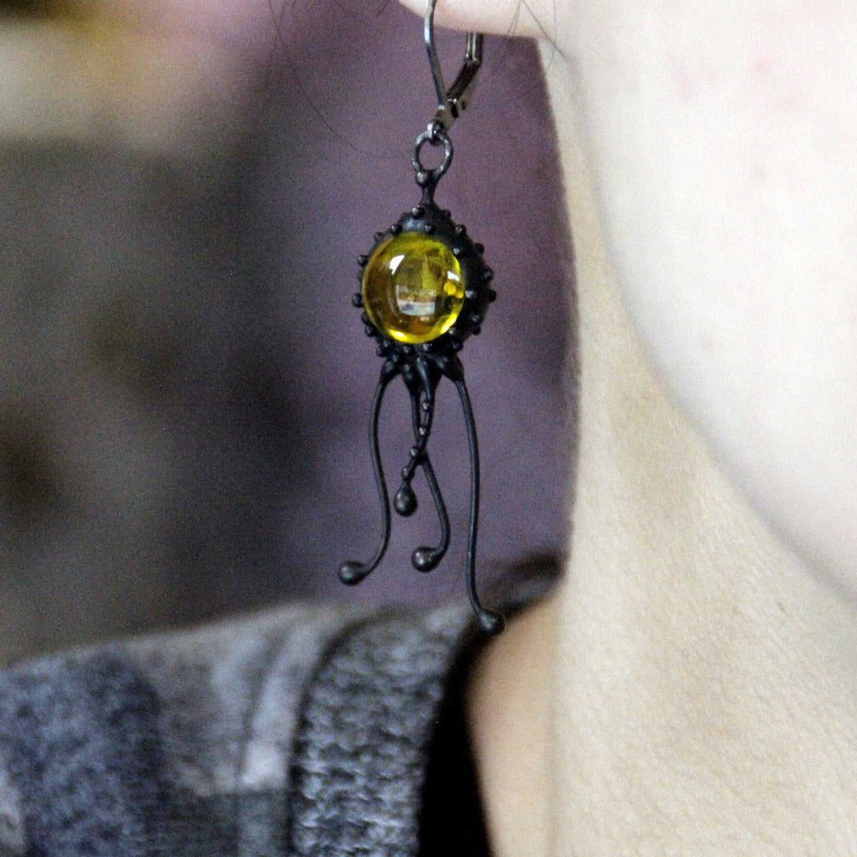 Yellow Glass Jellyfish Single Earring – Blackened Copper